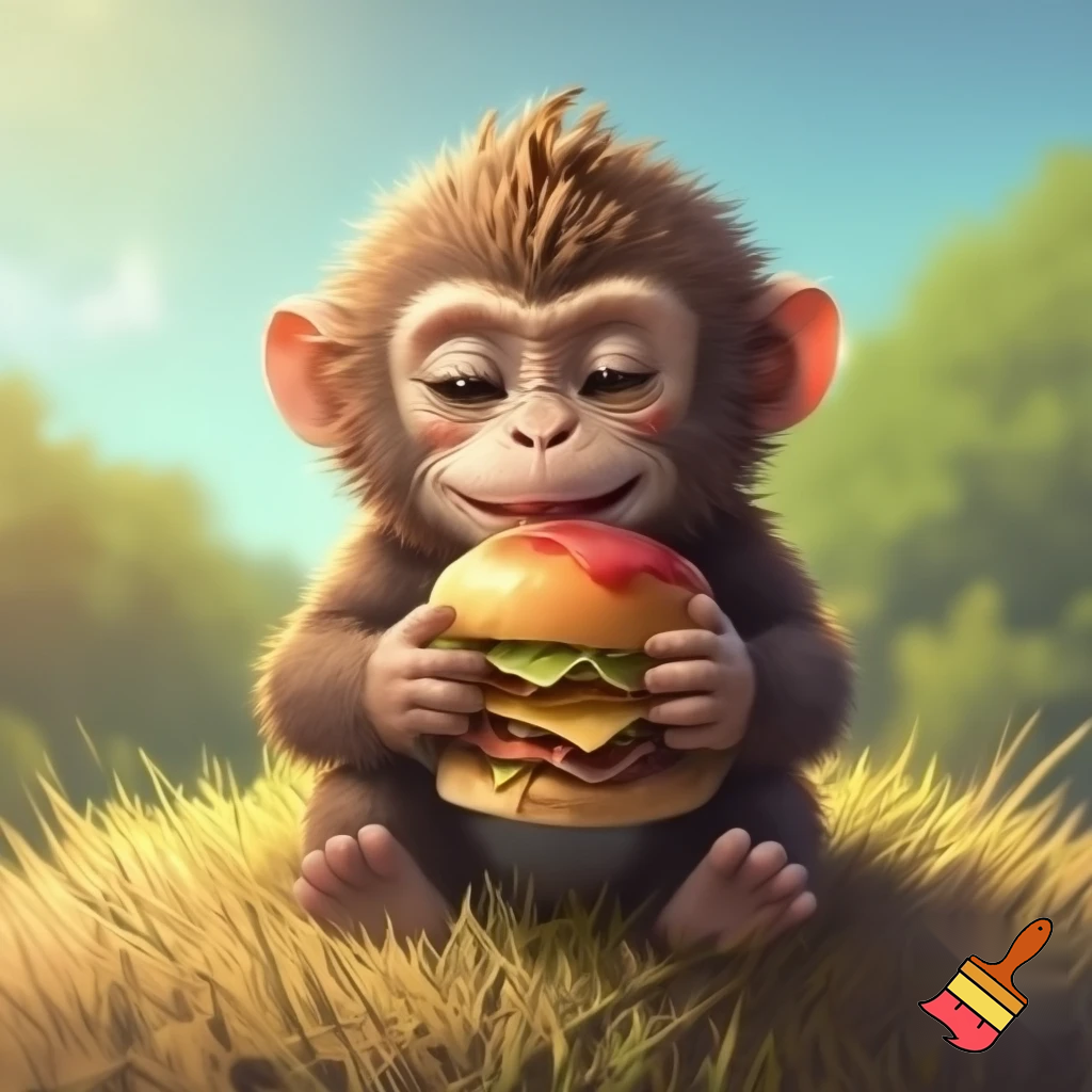 monkey whos fat eating burger