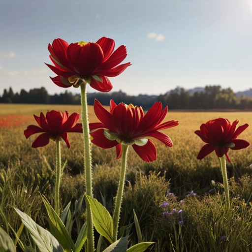 red flowers in a sunny meadow, photorealistic