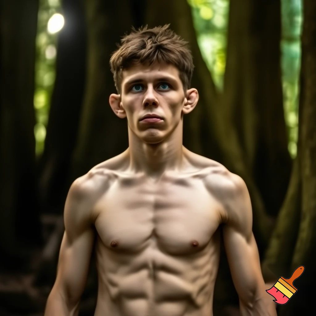 A mixed martial artist who has gone down two weight classes for a fight.  He was a lightweight, now he's 20 pounds less. His cheeks are sunken and his ribs are visible and his muscles stand out alarmingly. Nonetheless, he stands tall and steady. His eyes are watery blue, his hair is brown and his ears stick out. For once in his life, he is ready to win. Incongruously, the background is a forest.