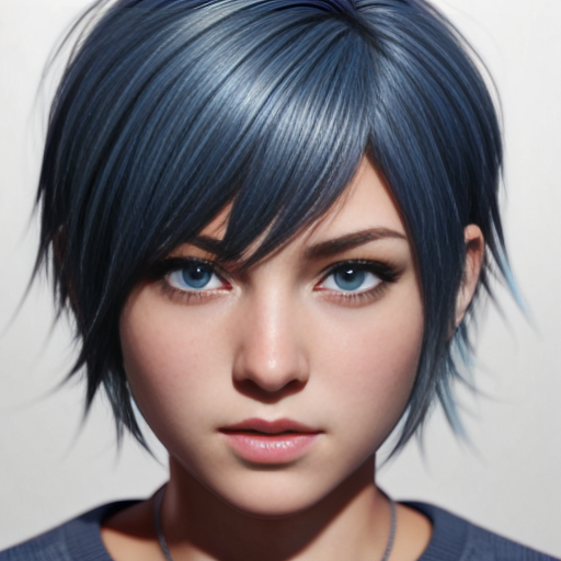 Simple anime. Female. Short blue hair in a short pixie cut. Blue eyes. Head shot.