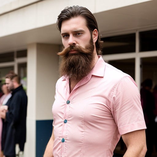 a man wearing a pink dress and he has a mustahe