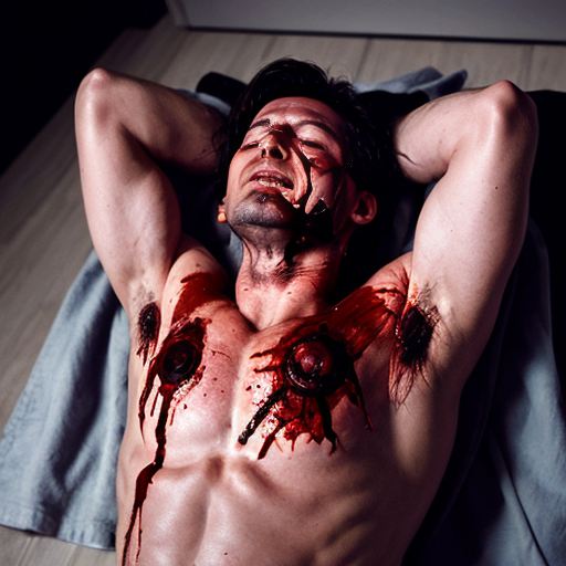 A corpse shirtless man, died, face are hiding by shirt, eye closed, chest opened wounded, blood everywhere