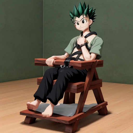 gon from hunter hunter  is restrained in a special childseat, where his body is restraint and a wooden Platform is around his neck, so that the head cant be moved and he is getting fed 