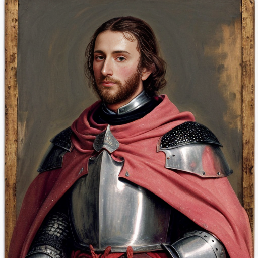 a weathered painting of a handsome knight, he is wearing a pink cloak with black spots