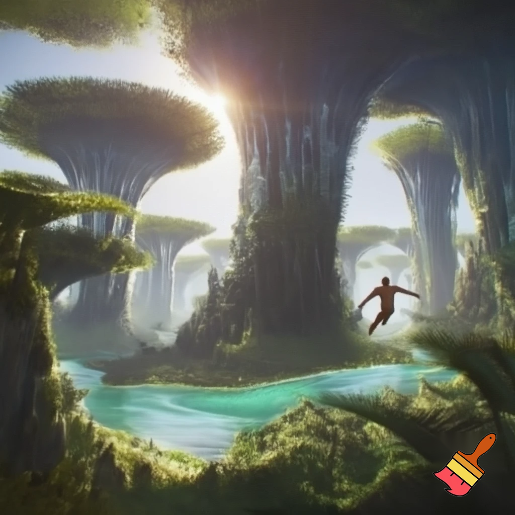 First glimpse of alien paradise — huge engineered trees humming, shimmering transparent rivers, empty paradise with no fauna, human-like figure rising above ground mid-leap (unexpected anti-gravity), dynamic motion blur, sunlight flares, cinematic wide shot, vivid greens and turquoise, high detail.

Settings / Steps:

Aspect ratio 16:9.

levitating naked male muscular humanoid figuire like god in sky

Lighting: intense backlight with rim highlights on foliage.

Keep environment lush but eerily empty.


Negative prompt: crowded scene, animals, text, low detail, childish style

Variations: quiet close-up on hand touching tree that hums, leaf-scale macro.
