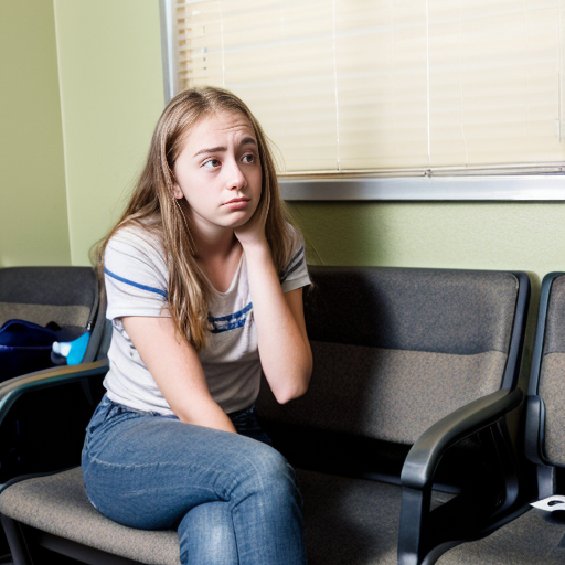 upset teenage girl in the principals office waiting room