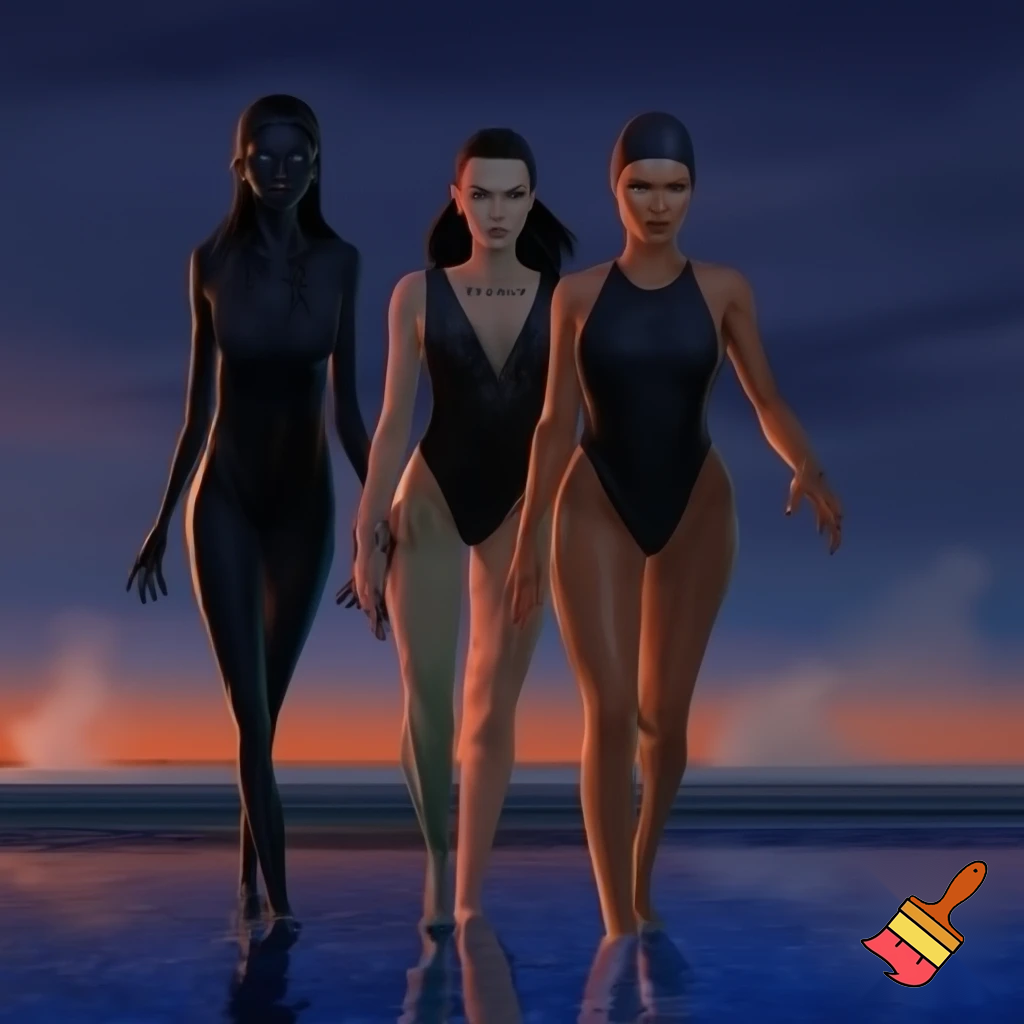 vampire queen Frankenstein's wife and the she wolf are wearing Halloween black one piece swim suits with swim caps and they r walking to the pool


