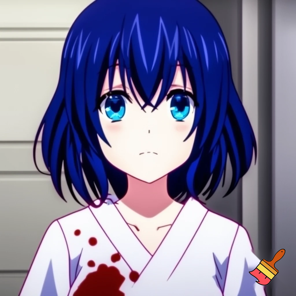 An innocent busty anime woman with short blue hair and blue eyes wearing a bloody hospital gown