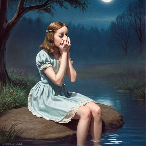 Alice in wonderland 1951, Alice is sitting on a rock in the middle of the Tulgey Wood at night time. Alice is using both trembling hands to hold a large, thick handkerchief to cover her eyes. Alice is hunched over, her elbows braced upon her knees, as she sobs into the handkerchief. Tears are gushing plentifully, creating a pool of tears. 
