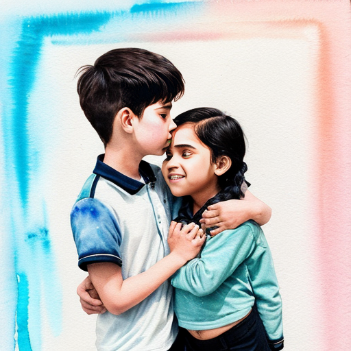 n Indian boy holding an Indian girl with his hands. 
The girl gently kisses the boy’s forehead. 
They both look like 21-year-old college students. 
The boy wears a light green shirt and black pants. 
The girl wears black pants, a sky blue top, and a black coat with shortand button closed . 
The girl’s skin tone is slightly darker than the boy’s. 
Background: a room with a plain white wall. 
The girl’s hair is tied neatly, like in a uniform style. 
Style: soft watercolor painting. 
Aura glow: pastel aura (pink + blue mix)