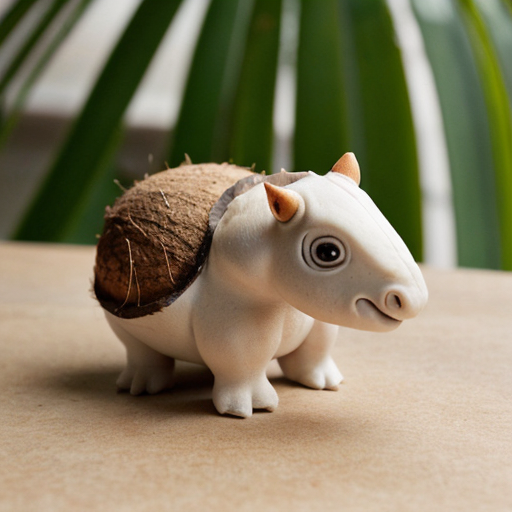 Draw a cute baby triceratops in the wild with a coconut nut shell on his nose 