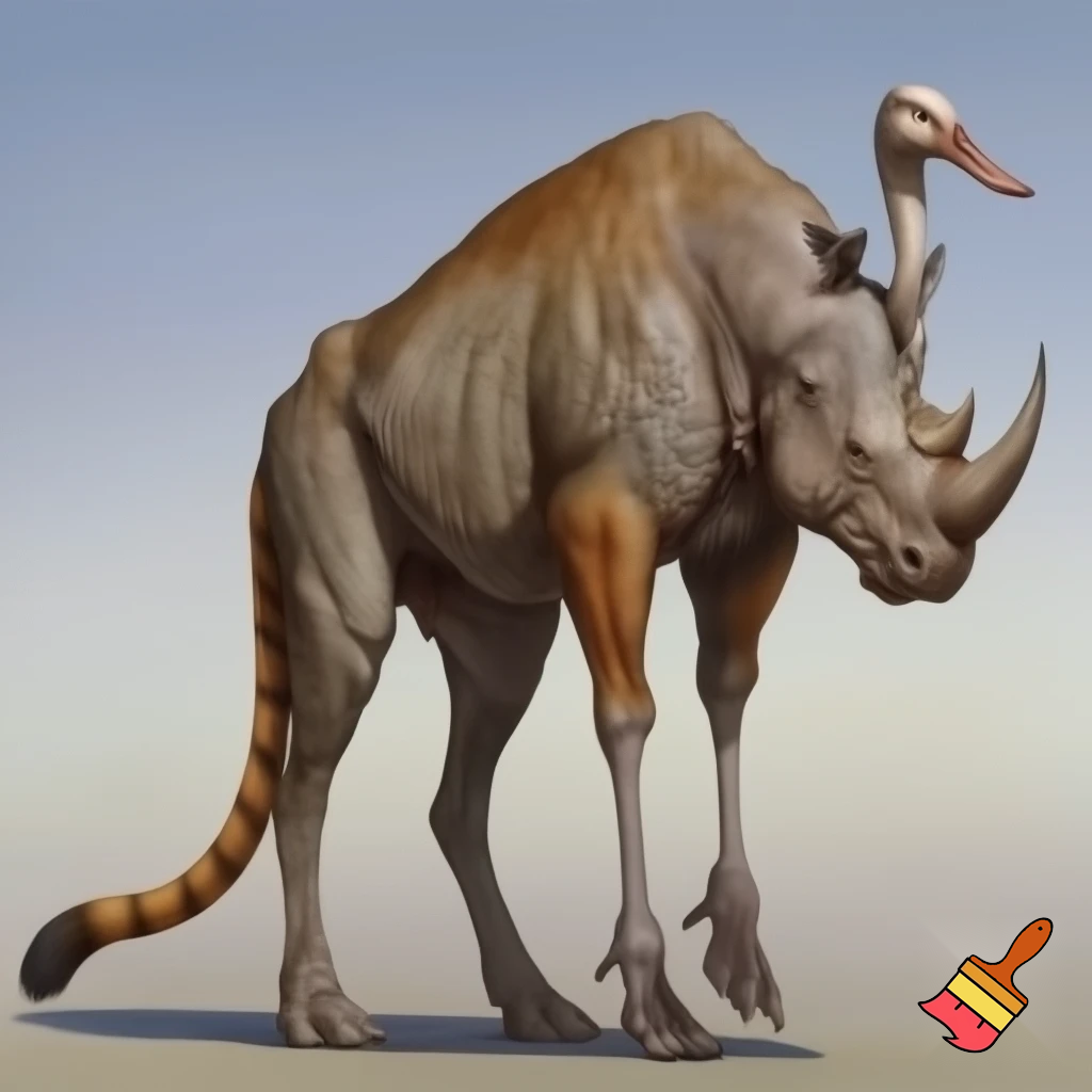 crea un animal con cuerpo de hippopotamo garras de tigre cola de puma patas de avestruz y cabeza de pato
