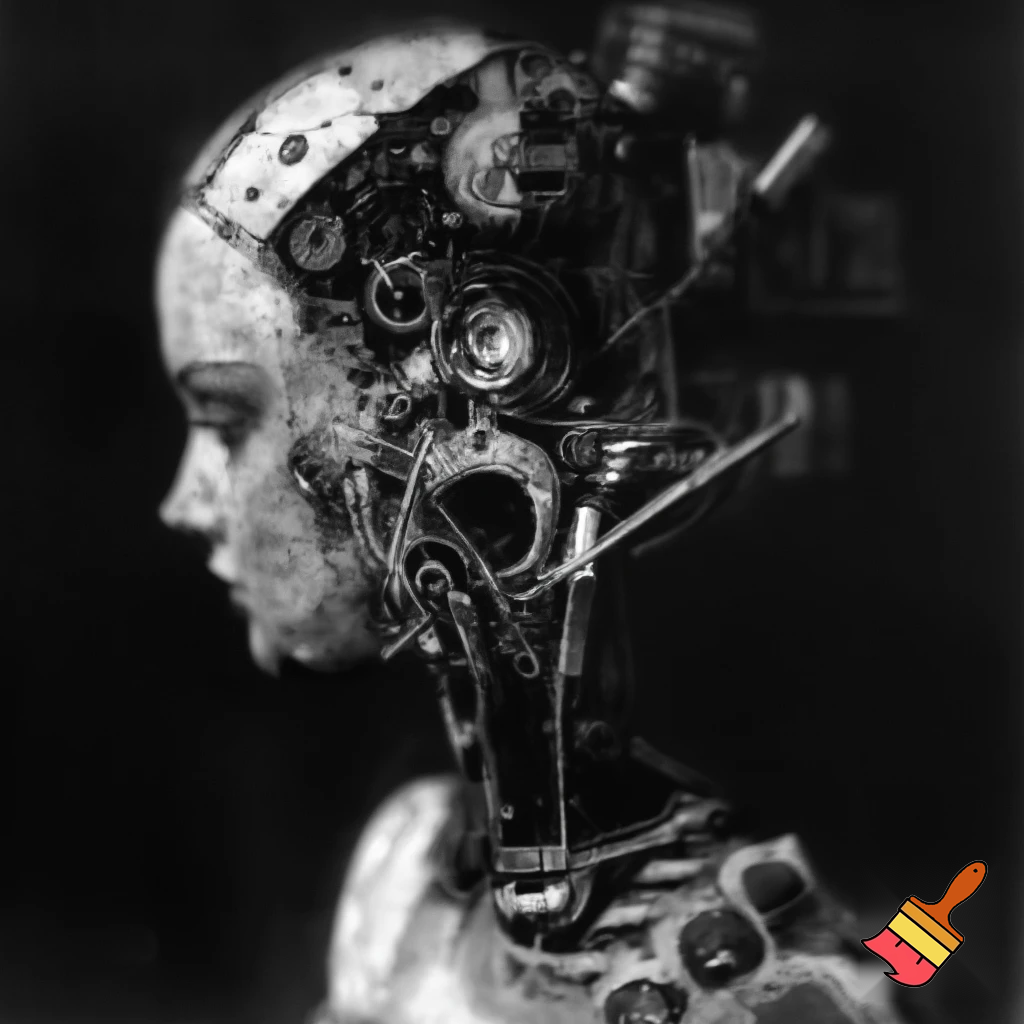 Bio-mechanical girl portrait, noise art. In the style of a 1920's German Expressionism. Black & white.