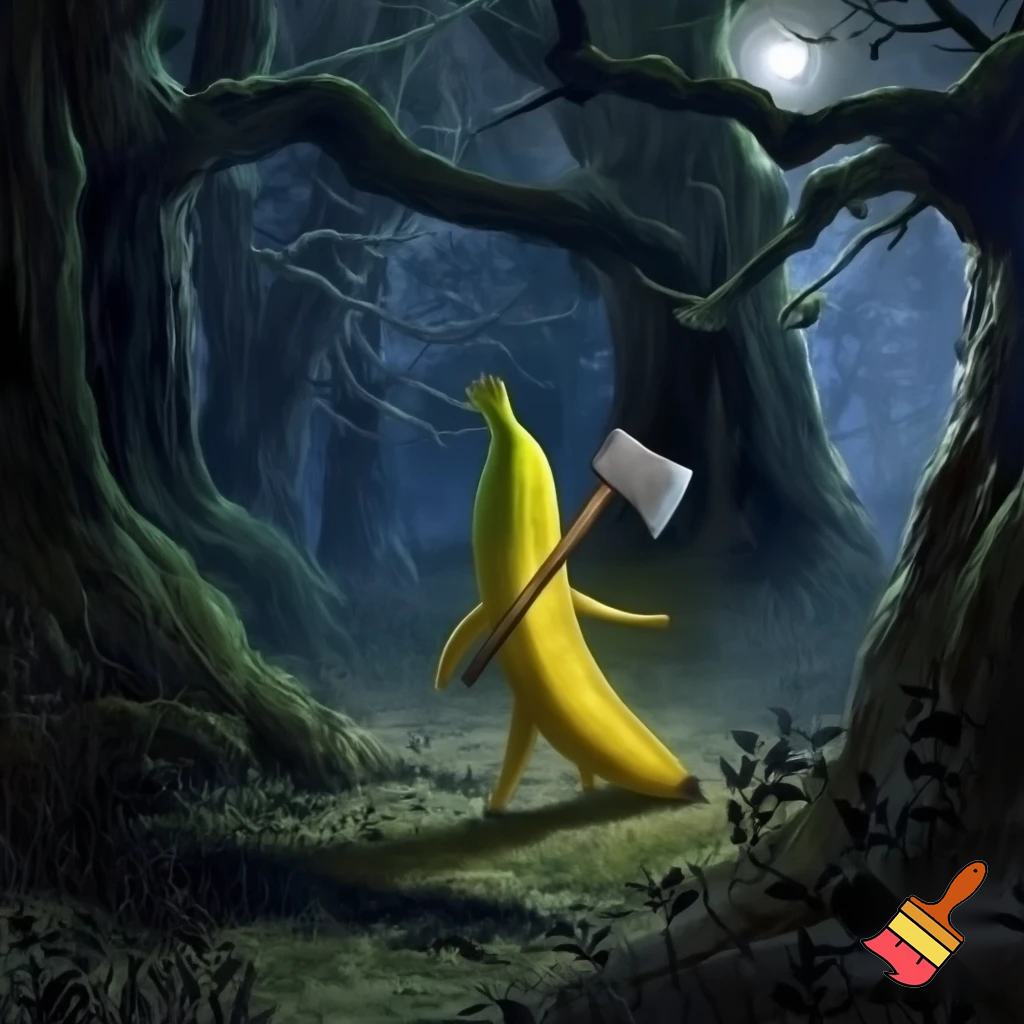 Banana man holding a axe in the woods it night