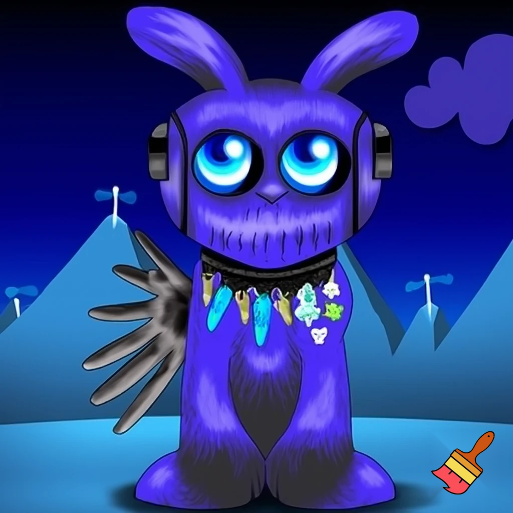 A bunny-like creatures 6 blue eyes with a wide and side creepy arm 7 ailens blue and purple with a collar a with star tali fish and a wing stars blue antenna background fosrets and galxay cloud 