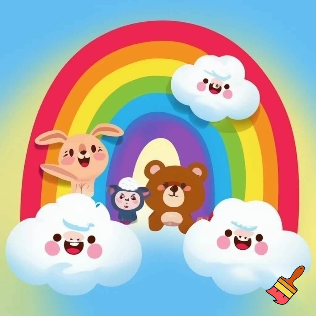 "Cartoon rainbow with smiling clouds and cute animals, YouTube style, kids channel logo."