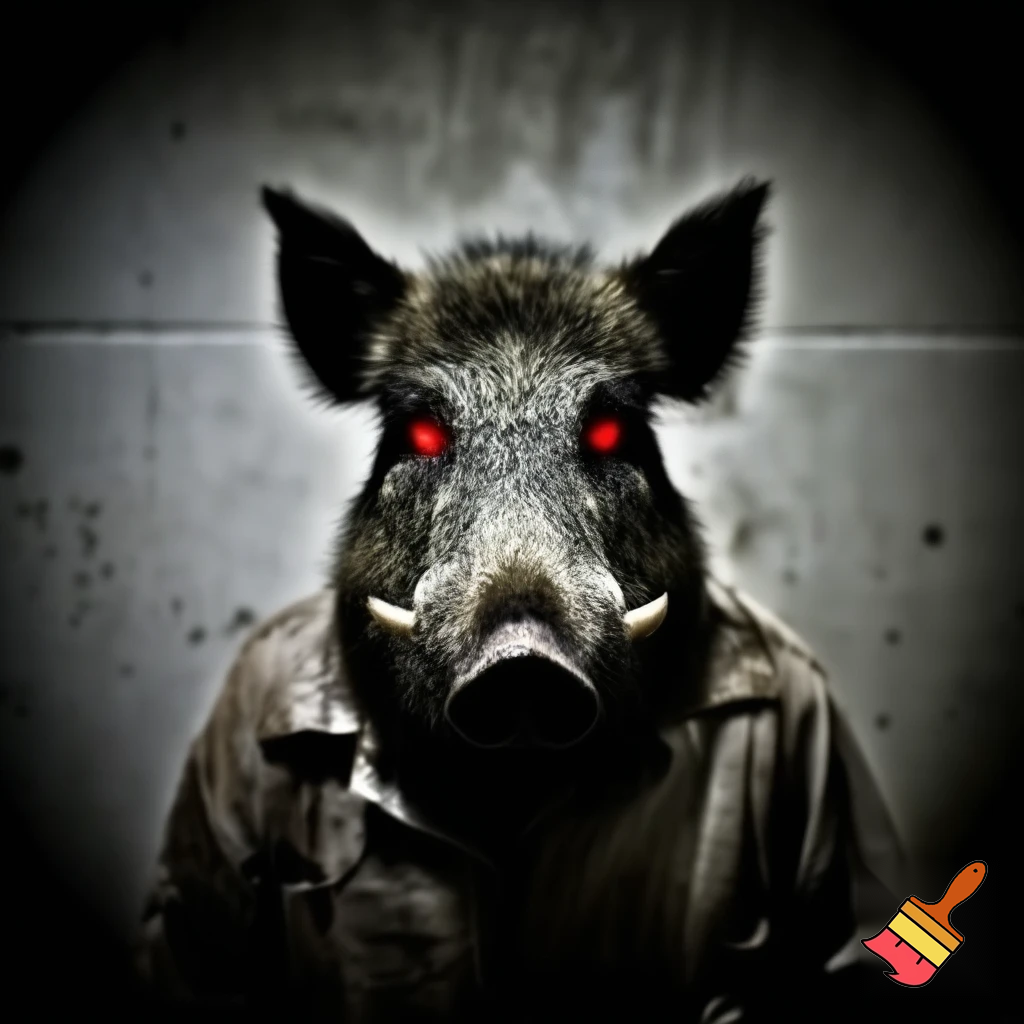 create a evil wanted poster with an image of a mugshot of a wild pig wearing prisoner clothes with red eyes.
