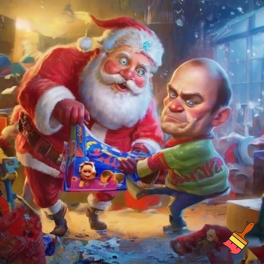 Santa and a bald man fighting over nerds the candy

