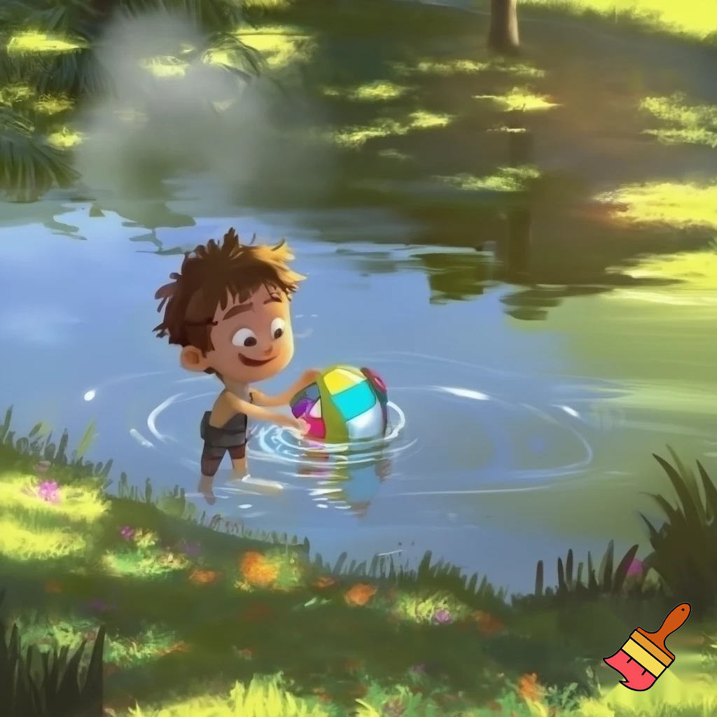 a small boy playing with a ball near a pond
