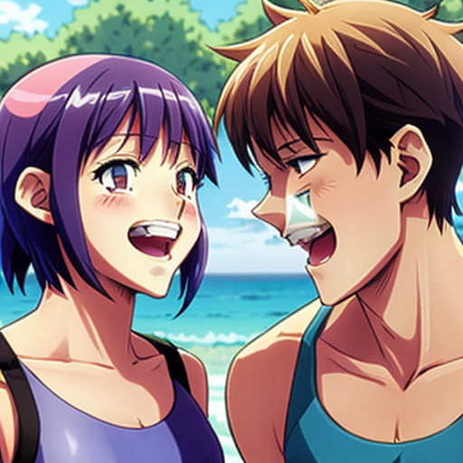 A cheerful 12-year-old teenage sister wears the same boys' swimsuit as her equally cheerful and amused 13-year-old teenage brother, and they both play in it together.