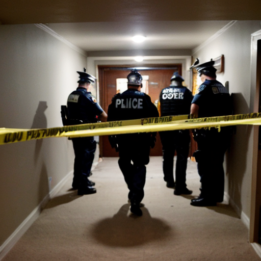 POLICE ENTERING BASEMENT, FLASHLIGHT SCANNING ROOM, CRIME SCENE TAPE
