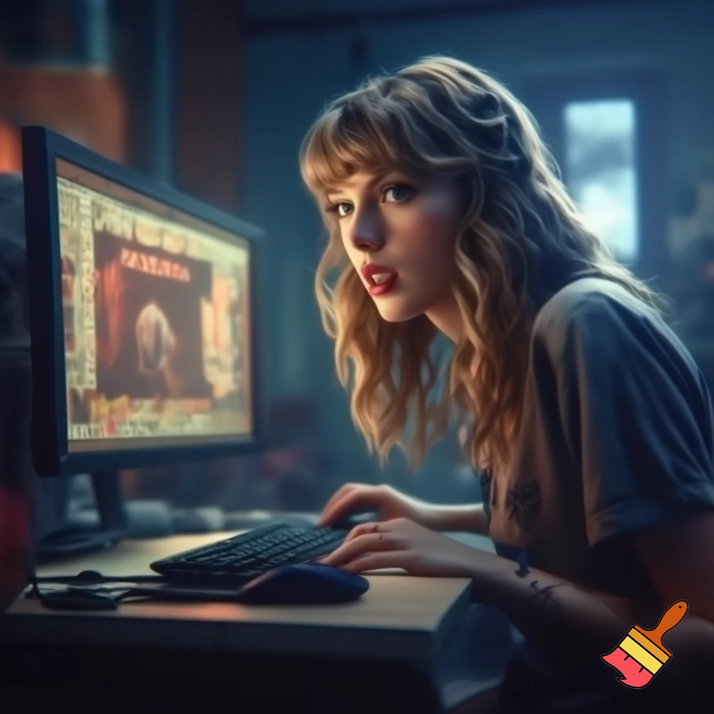 Taylor swift playing five nights at Freddy's pizzeria simulator. She is at her desktop playing the game