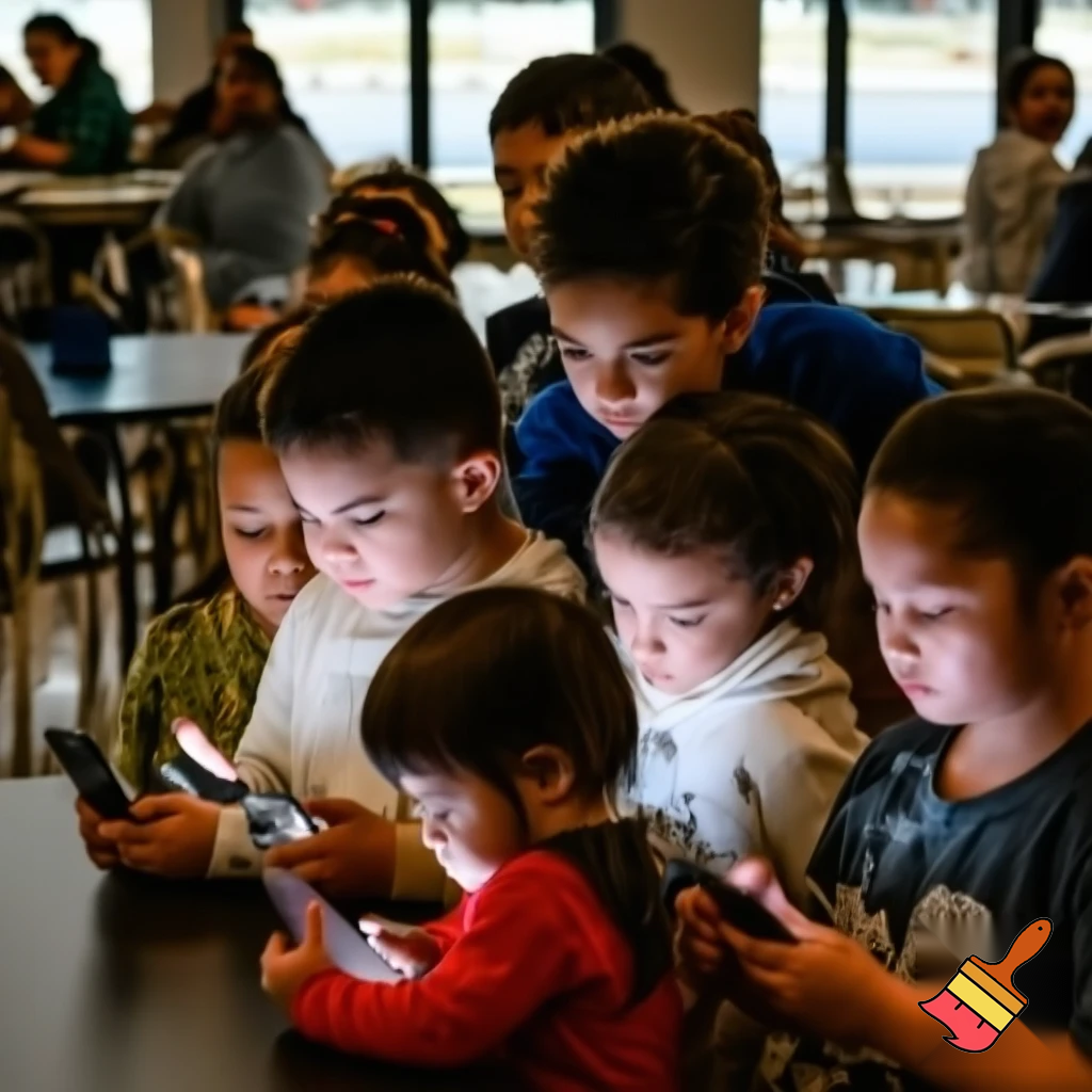 Many kids (teenagers and toddlers) looking at their phones at school