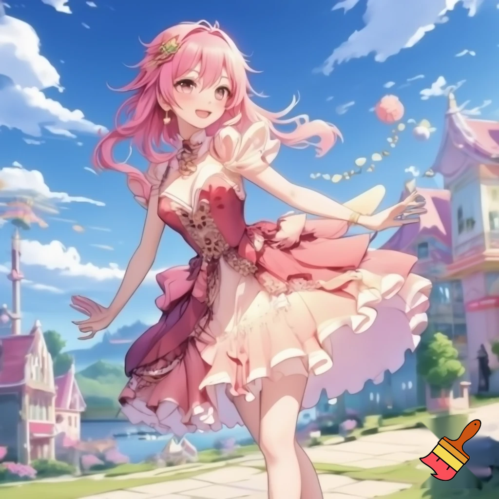An anime girl with pink hair, wearing a cute, adorable, fantasy dress posing in a pretty landscape with the blue sky and pretty buildings and cute decor