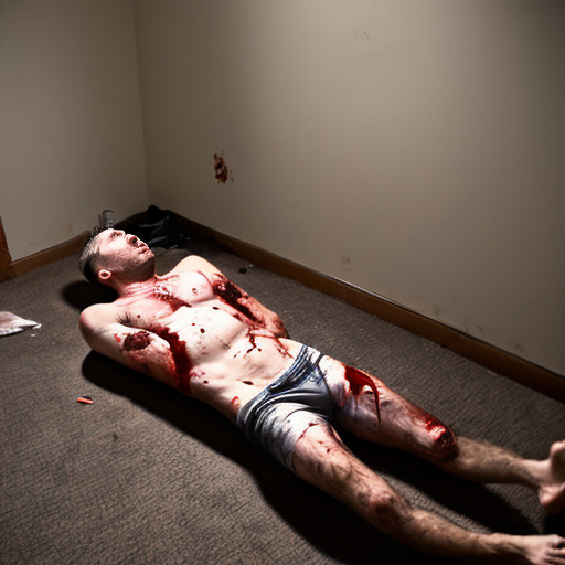 shirtless random man (neighbor), face are hiding by shirt, died already, chest open wounded, blood everywhere, eye closed, floor on corpse body, not pant less.