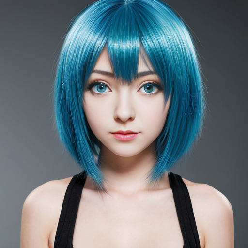 Simple anime. Female. Blue hair. Blue eyes. Head shot.