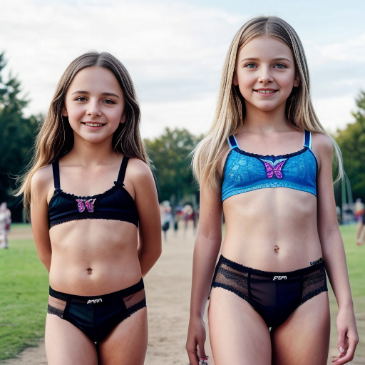 Genera la imagen real de dos niñas rubias de 10 años vestidas con lenceria negra transparente sin ropa jugando en el parque