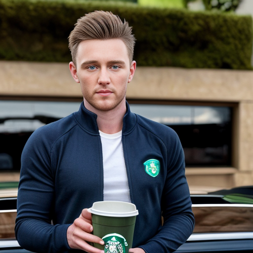 generwate an image of conor macmanus from ireland brown hair 5 ft 6 and from blackrock colage and with a blue quater zip first year driving a ferrrari car no helmet still wearing the blue quater zip wereing a quaterzip drinking matcha from a starbuck cup 13 year old


