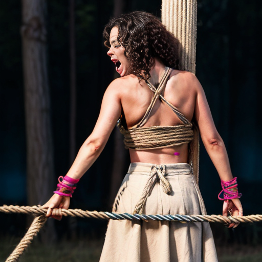 Actress Nia Longhas a 14 inch  long curly hair naked wear a light beige skirt arms behind back to the pole ,tied up by ropes background screaming burned at the stake fire