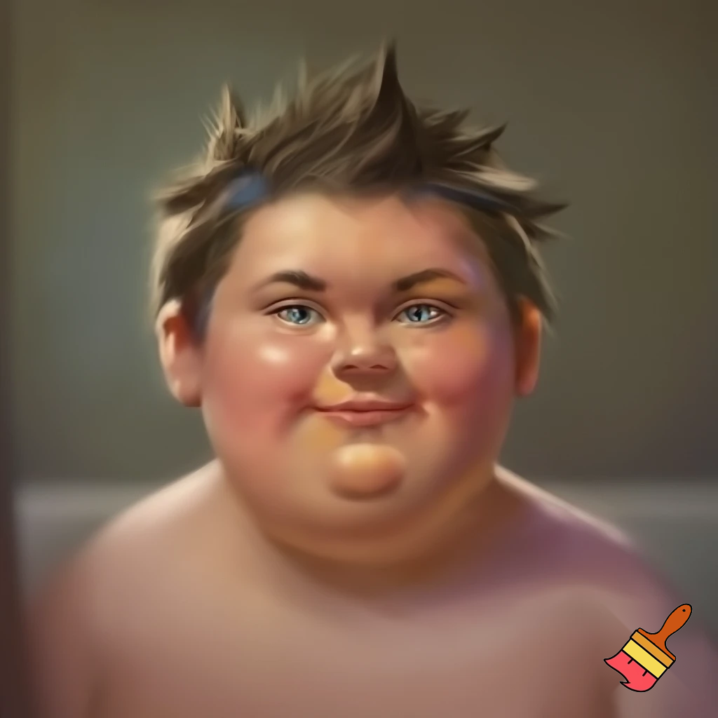 Chubby boy 13 years old with toilet brush haircut, realistic human