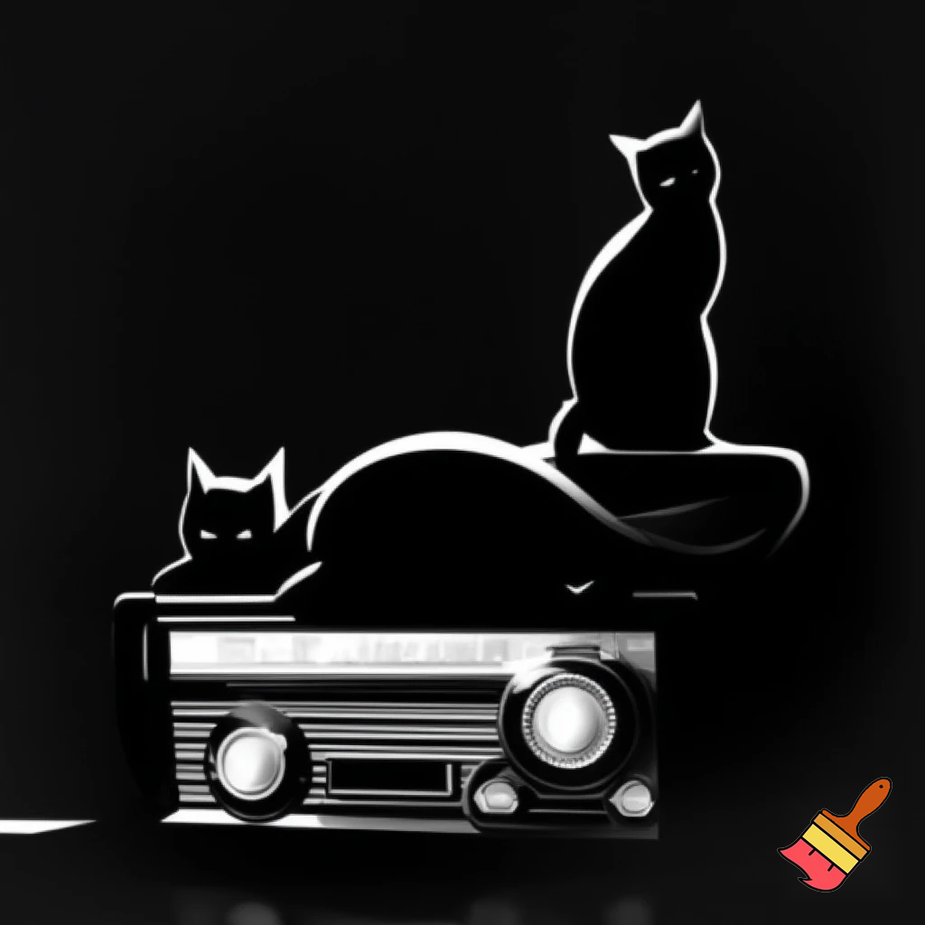 Draw a black and white old time radio with 2 cats in silhouette form