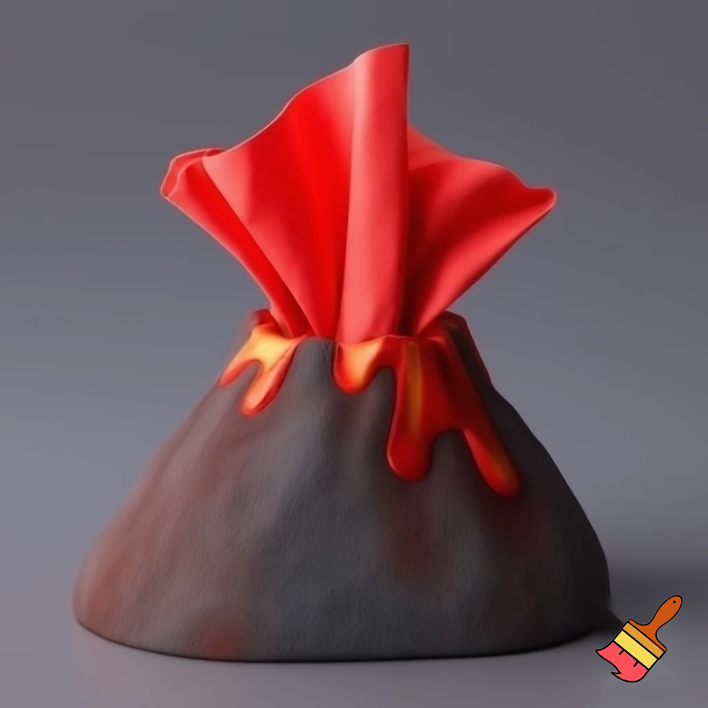 Create a packaging for a tissue box in the shape of a volcano with red tissues coming out from the top of the volcano."