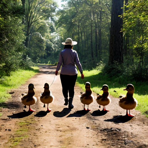 Mother duck and five little ducks go in for a walk in the forest