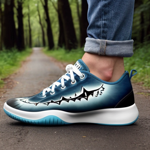 Make a shark with blue shoes on runing away into the woods fast