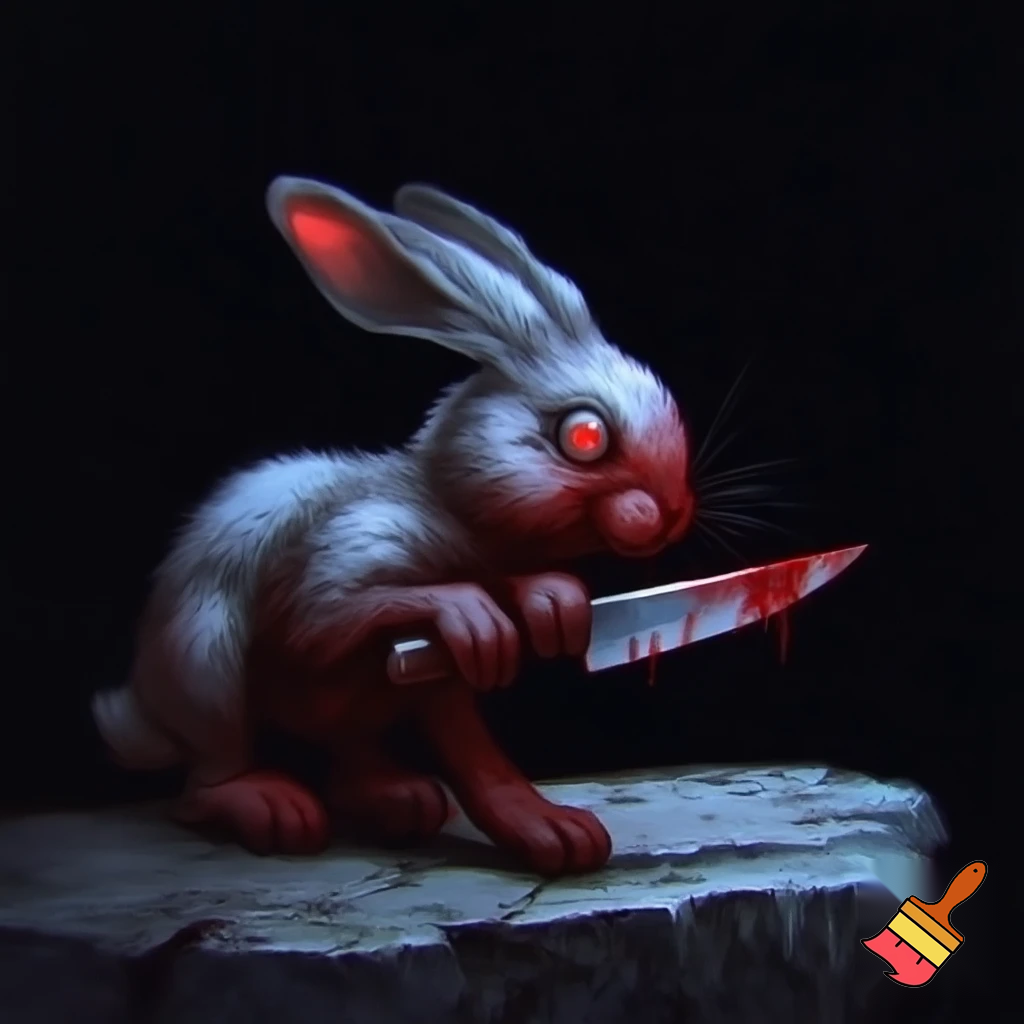 european rabbit, red eyes, bloody knife, black night, on a stone

