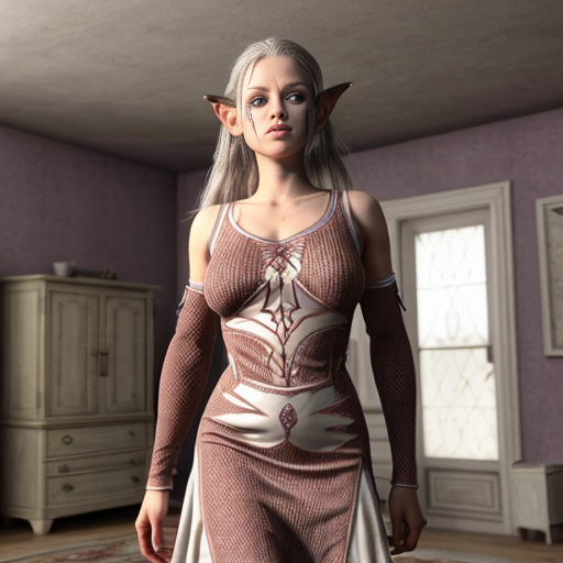 10 elven years is equal to one human year. A 120-year-old elf girl has entered another world. It has a material called Lightium. Its peculiarity is that upon contact with oxygen it becomes completely invisible.
A girl, walking in this world, accidentally enters a house where a woman lives. At one point, the woman steals all the girl's clothes and gives her a Lightium dress in return. Then the room fills with oxygen. The Lightium reacts. The dress becomes completely invisible.
Hyperrealistic image. Only the girl is visible. Her arms are spread out.