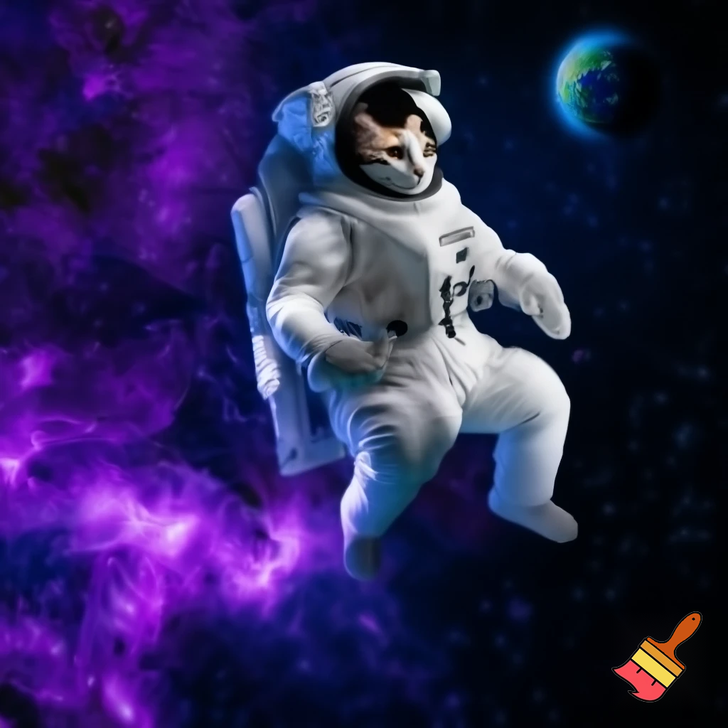 A cat wearing a spacesuit, floating in space, surrounded by purple and blue nebula, with the distant Earth in the background. Digital art, hyperrealistic, cinematic lighting, 8K, depth of field, sharp focus, intricate fur detail.
