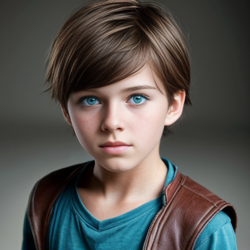 A girl with brown hair blue eyes that looks kinda like storm boy about 10 years old 