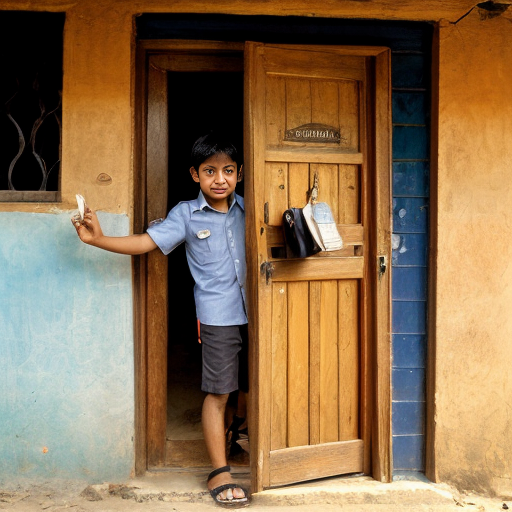 “honest boy knocking on rich man’s house door, holding wallet, simple village background”