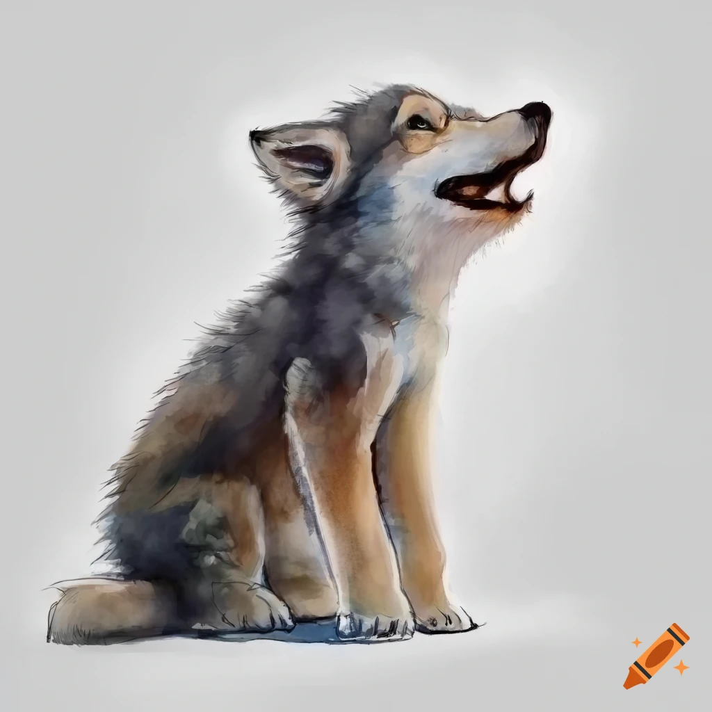 full body cute baby wolf looking up, white muted background, watercolours