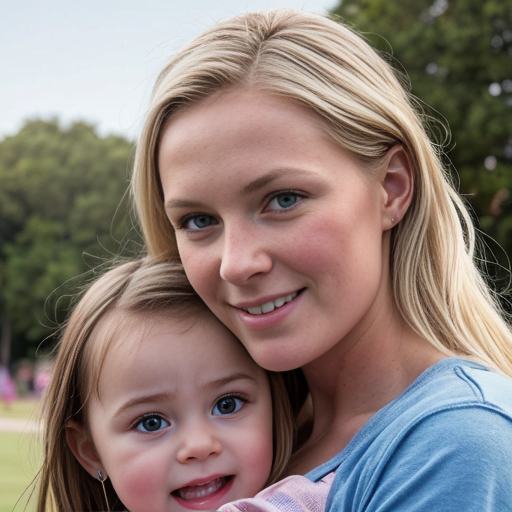 a 27 year old with dirty blonde hair and blue eyes with a daughter that is 2  years old with blonde hair and blue eyes in pink at a park 