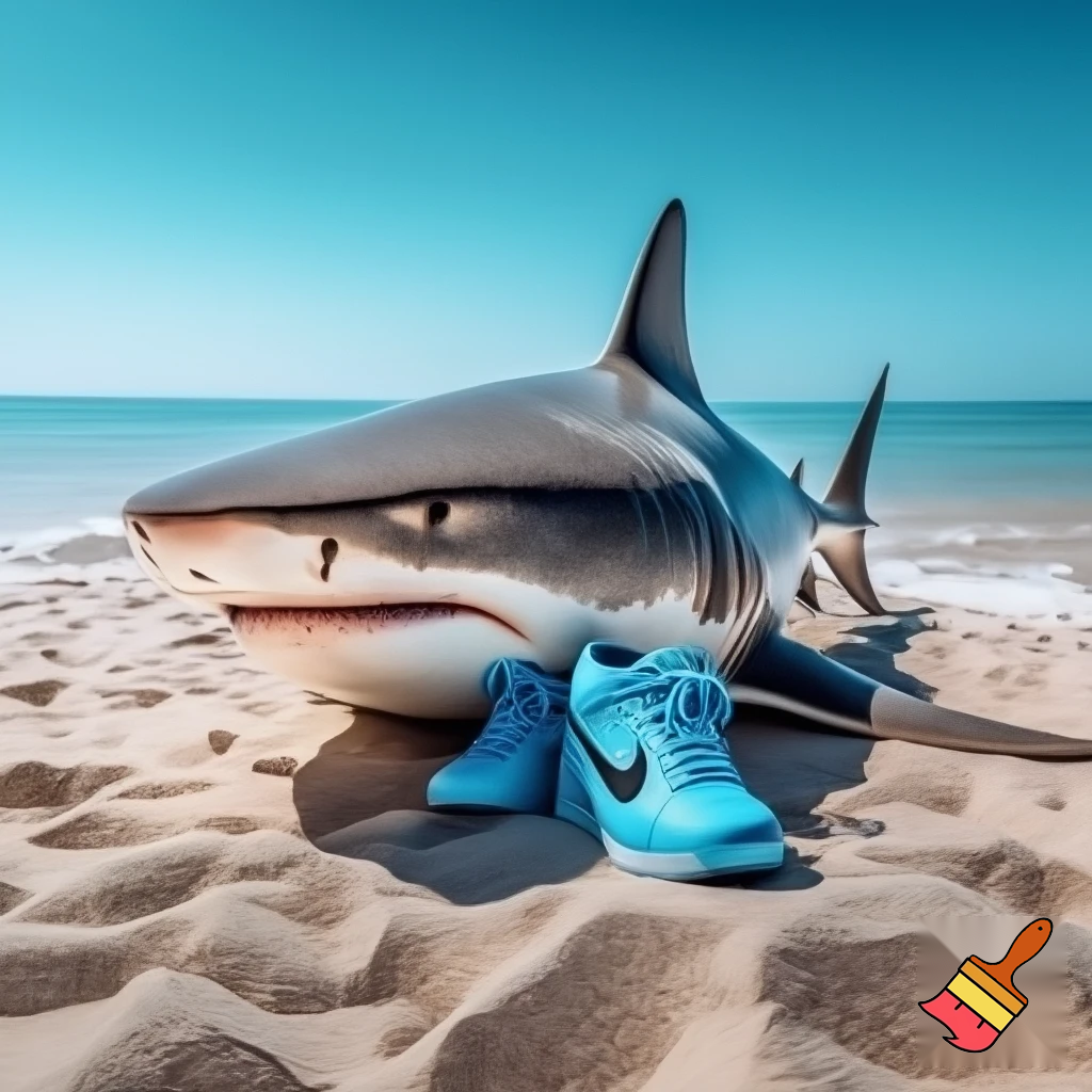 shark with blue Nikes on the beach