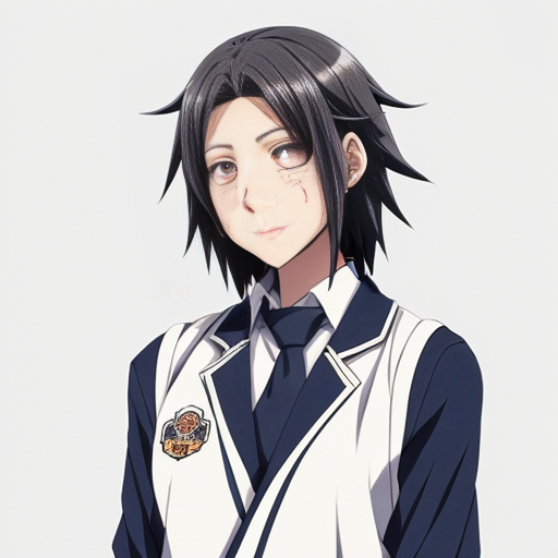 Haruka Sakura from Wind Breaker anime, male character, upper body portrait, serious and silent expression, battle-ready stance with slightly turned shoulders, hair short, straight with slight waves at ends, left side hair white, right side hair black, hair slightly messy and flowing with motion, heterochromia eyes: left eye gold, right eye dark blue, sharp and focused gaze, natural anime skin tone, wearing standard Furin High School uniform with small tears and battle damage details, white shirt slightly rumpled, navy blazer with emblem, red necktie, hands clenched and ready for combat, anime-style gloves on hands, dynamic pose suggesting imminent action, subtle motion lines for movement, simple light-colored background, clean and sharp anime line art, vibrant and saturated anime colors, realistic shadows and highlights on hair and clothing, determined and calm demeanor, slight wind effect making hair and tie move, upper body emphasis showing shoulders and chest area clearly, faithful to original character design, intense and focused aura.