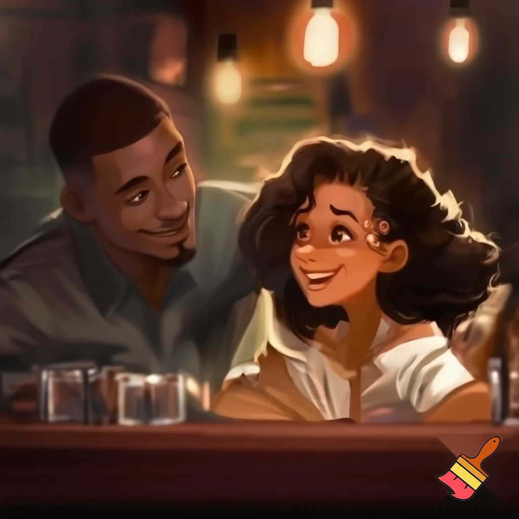 Create a realistic cartoon of black man with a Spanish girl dating at a bar