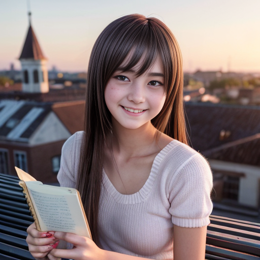 Anime girl standing on school rooftop during sunset, soft blue and orange sky, wind playing with her long hair and school skirt, golden sunlight glowing on her face, smiling shyly, waving hand, anime boy sitting on bench in distance, sketching her in a notebook, blush on boy's face, romantic and emotional atmosphere, detailed anime style, cinematic lighting, soft shadows, warm tones, high detail focus on girl's expression"