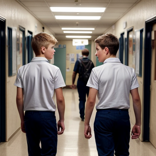 Scene 1 – Conversation at School
Prompt:
"Two teenage boys walking in a school corridor, both in neat school uniforms, one looking worried and holding his stomach, the other looking concerned and talking to him, realistic style, soft natural lighting, high school background, emotional expressions, safe depiction